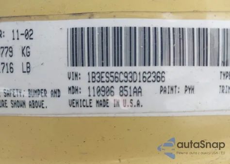 2003 Dodge Neon Sxt from USA, damaged, VIN 1B3ES56C93D162366